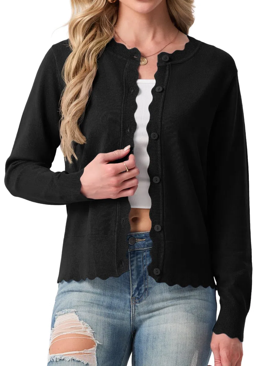 GRECERELLE Strickjacke Damen Kurz mit Rundhals und Knöpfen Leichte Langarm Cardigan Casual Wellenförmiger Rippensaum Strickjacken für Damen