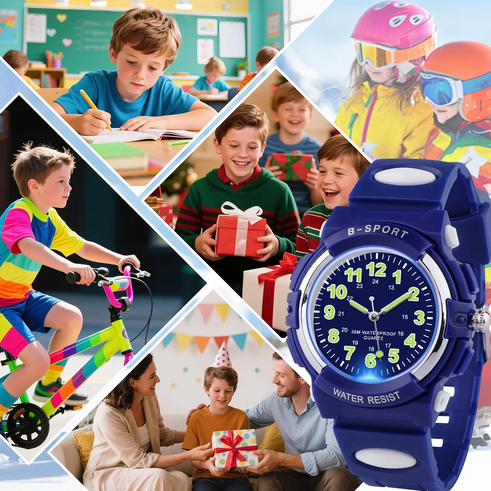 Analoge Kinderuhr mit Bunten Lichtern für Jungen und Mädchen, 30M wasserdichte Lernuhr TPU Armband Outdoor Sportuhr für 5-16 Jahre
