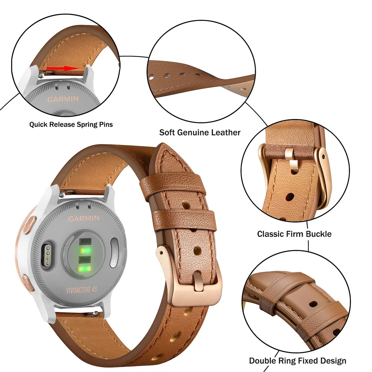 Issinlky echtes Lederarmband kompatibel Garmin Vivoactive 4S/Venu 4 41mm/Venu 2S/3S/Vivomove 3S,18mm Armband für Fossil Damen Gen 6/5E/4/3