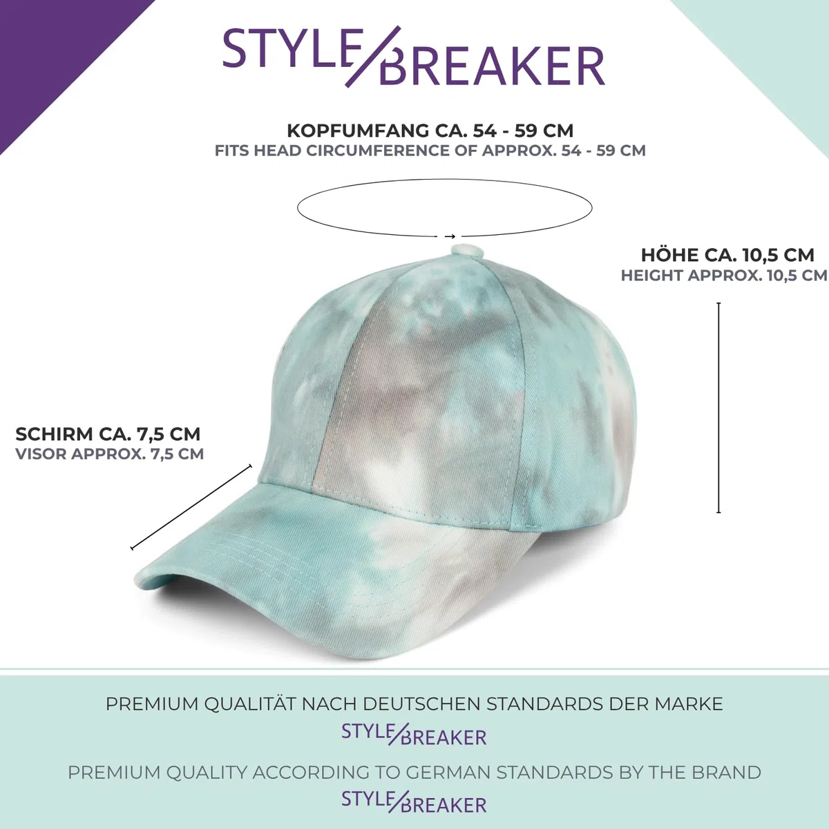 styleBREAKER Damen Baseball Cap mit Batik Muster | 6-Panel Sommer Basecap Baumwolle | Cappy mit Schirm verstellbar | Jedes Cap EIN Unikat