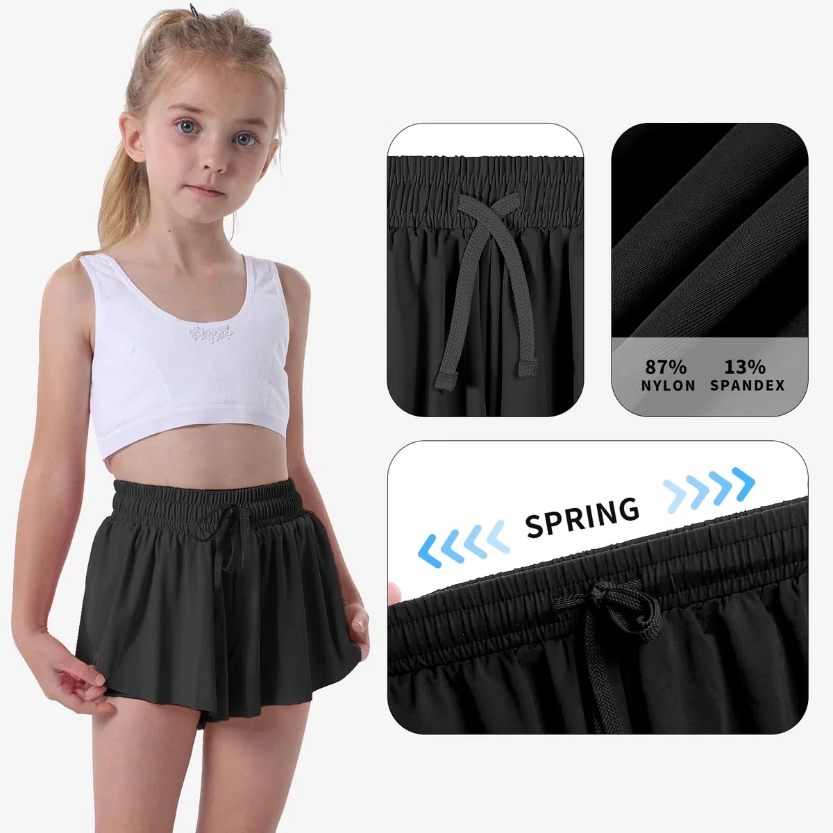 KAKU NANU Flowy Shorts 2-in-1 Röcke und Skorts für Mädchen 5–12 Jahre,6 Farben elastischer Skort mit Tasche Tennis Gymnastik Schule PE Sport