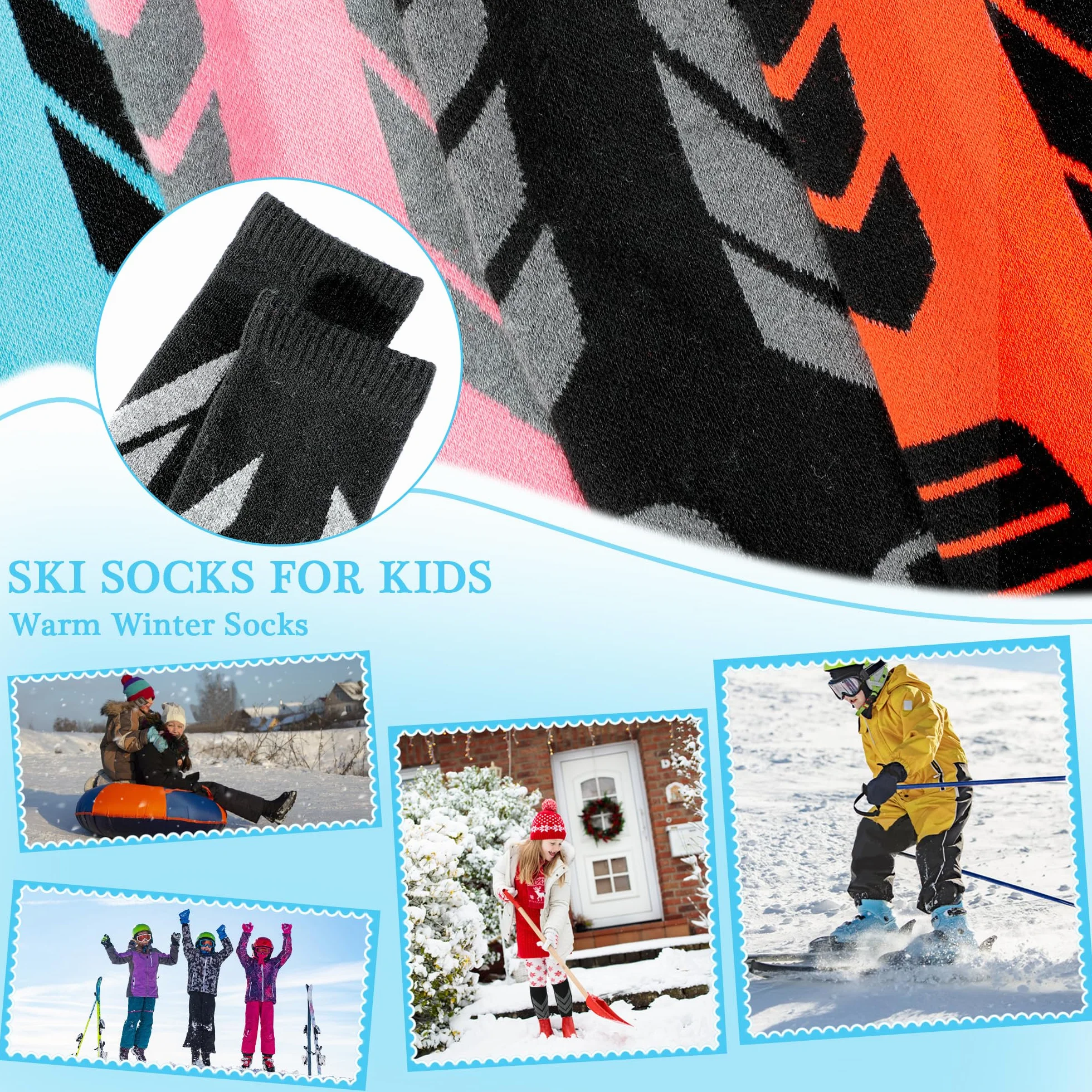 Warme Kinder Skisocken - 2 Paar aus Merinowolle und Baumwolle gefertigte Skisocken, Knielange Winter-Wärme Snowboard-Thermo-Socken für Jungen, Mädchen und Kleinkinder