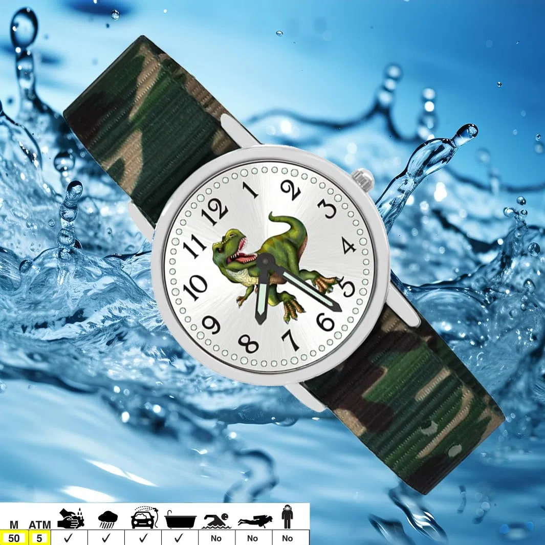 Kinder Armbanduhr Jungen Jungenuhr Kids Dinosaurier T Rex Leuchtzeiger 5 ATM Wasserdicht Textil Armband