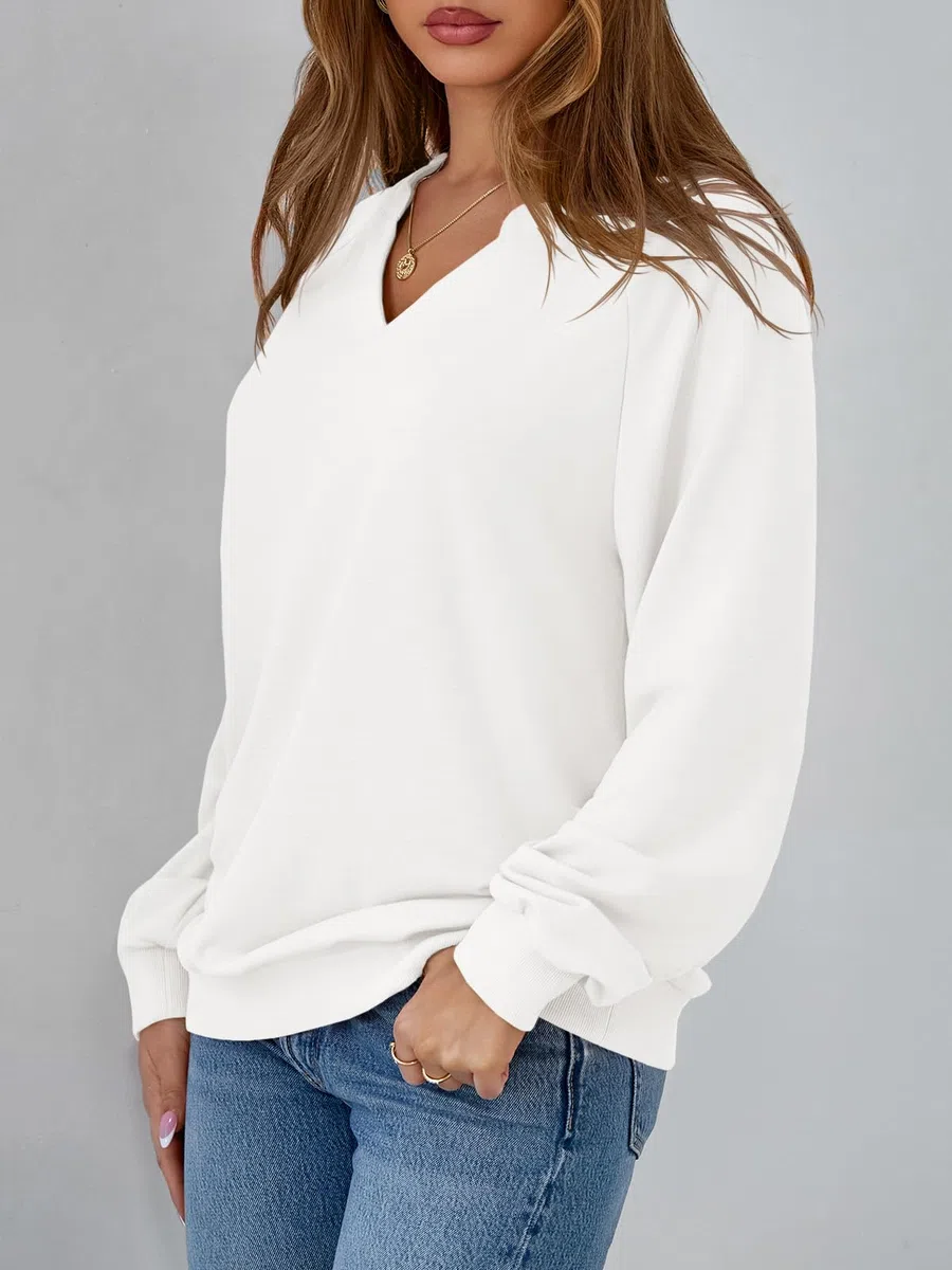 Tankaneo Sweatshirt Damen V Ausschnitt Pullover Leicht Elegant Langarmshirts Casual Baumwoll Oberteil Sexy Locker Pulli Basic Top Einfarbig