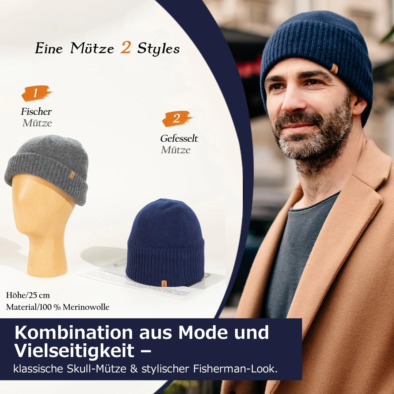 TOP-EX XL/XXL 100% Merinowolle Beanie Mütze, Wintermuetze Wollmütze Herren Damen, Strickmuetze Fisherman Beanie Trawler Mütze Warme Fleece Futter