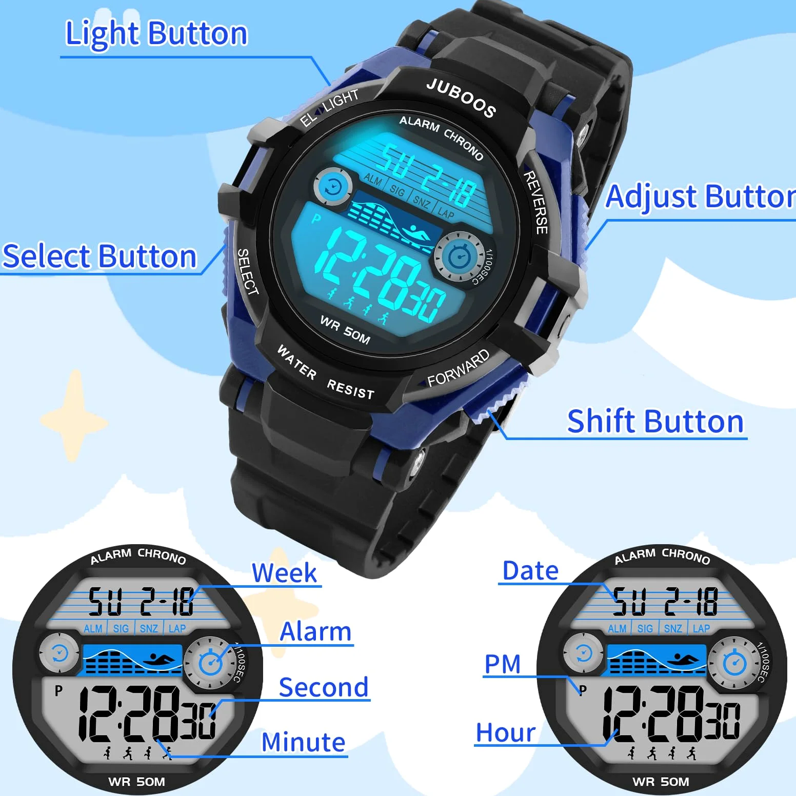 Juboos Kinder Digitaluhren Jungen Mädchen,7 Farben LED-Licht,30M Wasserdicht, mit Alarm,Stoppuhr Outdoor Armbanduhr für Kinder 5-16 Jahre