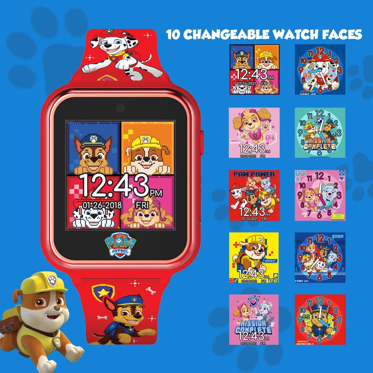 Accutime PAW4275 Kinder Smartwatch Paw Patrol, Kinderuhr mit Selfie Kamera, Foto & Video, Stoppuhr, 6 Spiele, 3 Hintergründe, 10 Zifferblätter, Diktiergerät, Fitness Tracker Uhr, Wecker, Rot