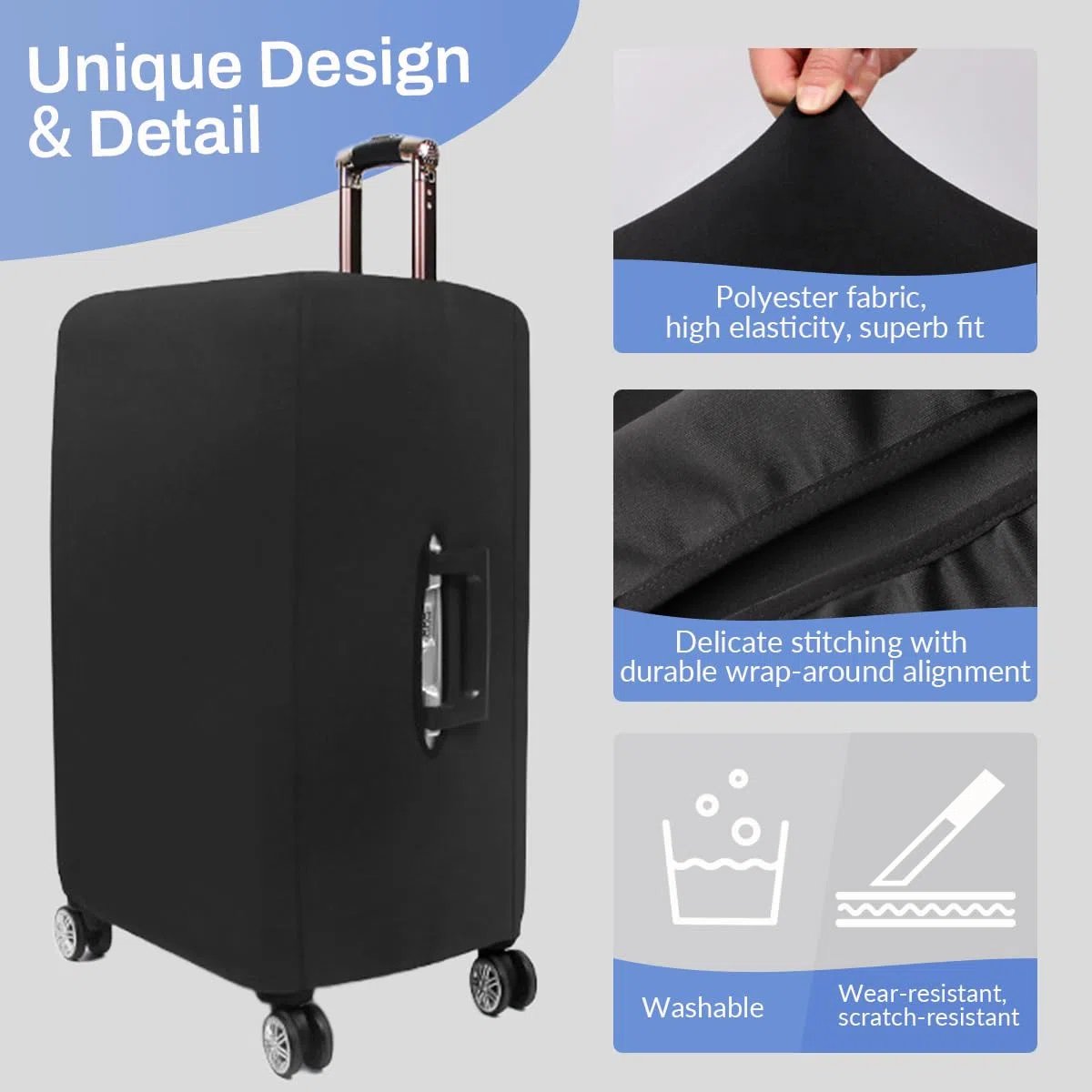 Hiseng Elastisch Kofferhülle, Schwarz Kofferschutzhülle Kofferüberzug, Suitcase Cover Waschbare Kofferschutz mit Reißverschluss, Polyester Luggage Cover Gepäck Cover Reisekoffer-18 bis 32 Zoll