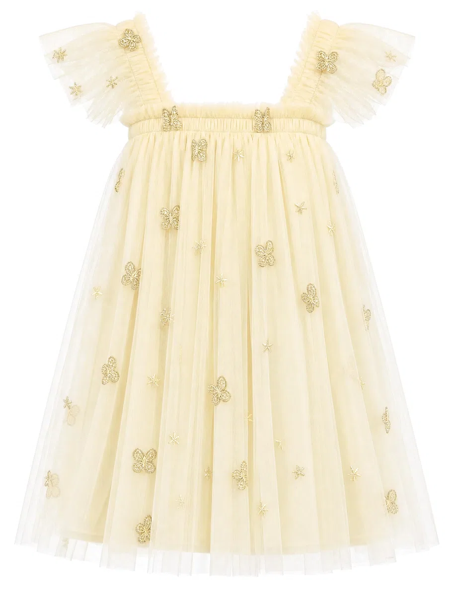 JiAmy Mädchenkleid mit Trägern, Flügelärmeln und Tüll