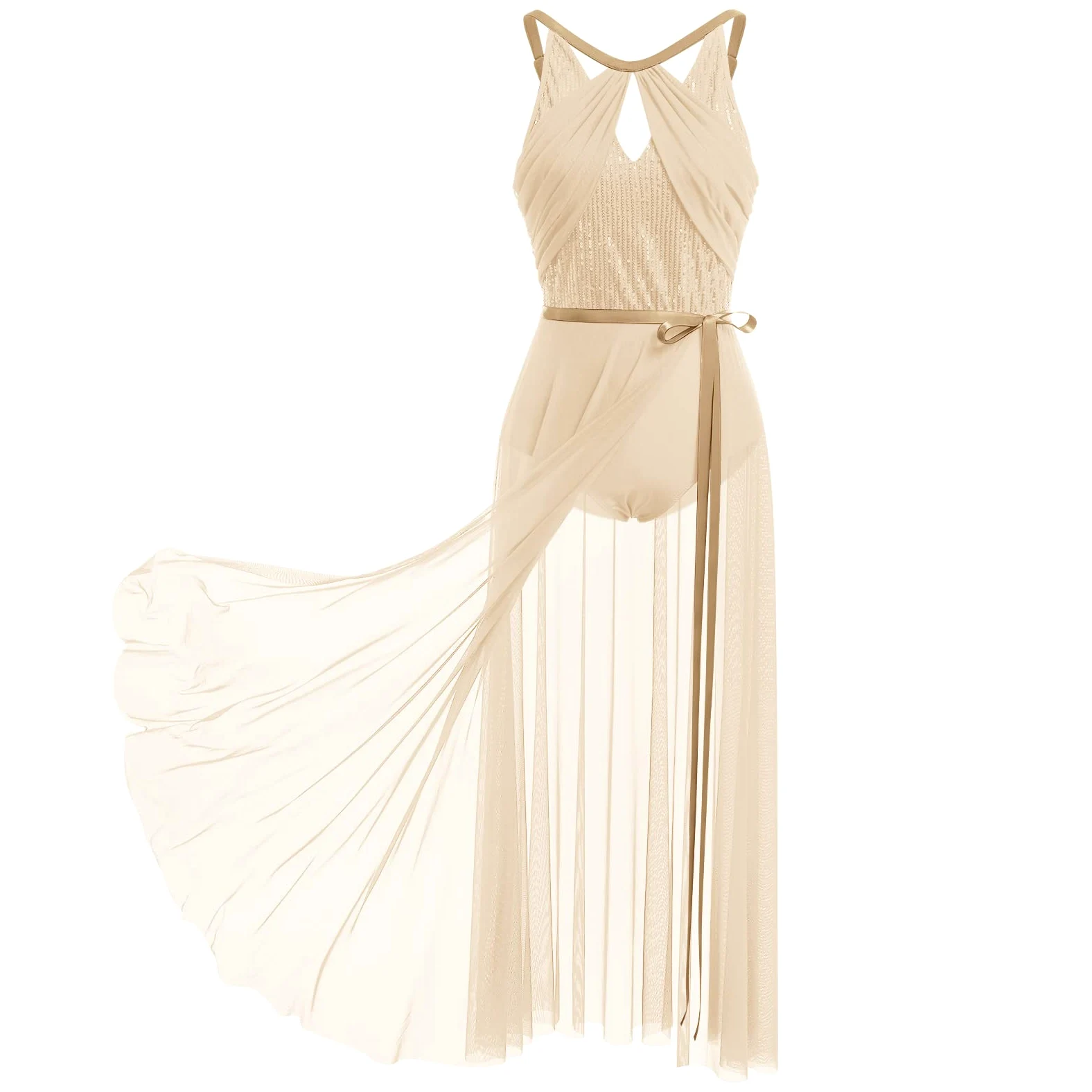 FYMNSI Damen Lyrisch Tanzkleid Ballettkleid Ärmellos Pailletten Trikot Mit Wickelrock Modern Contemporary Tanzkostüme Bühnenanzug