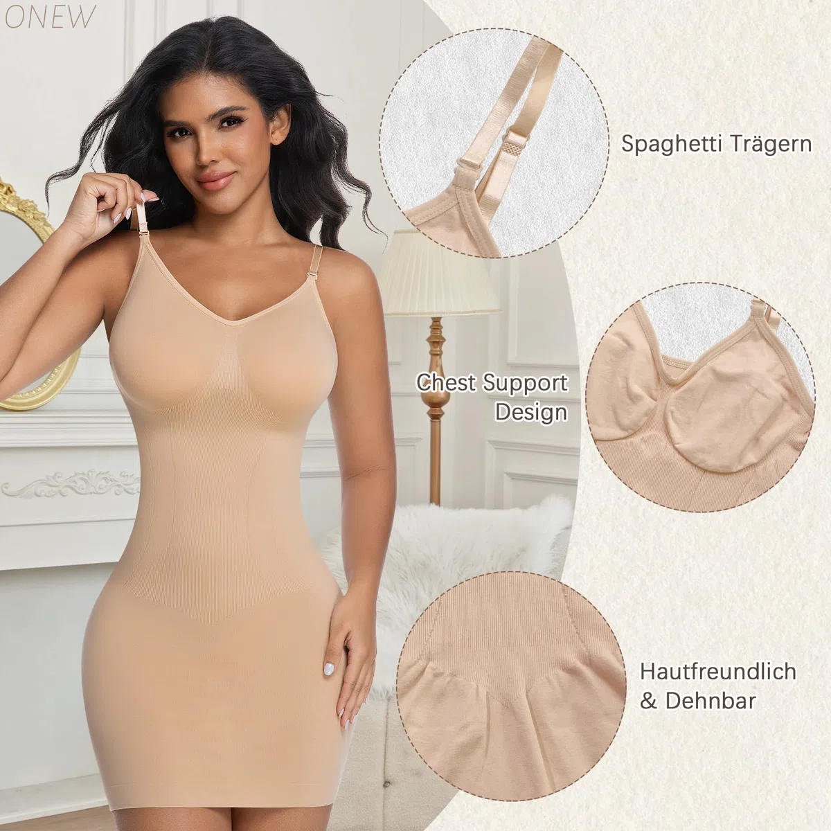 ONEW Bauchweg Shapewear Miederkleid Damen Nahtlose Unterkleid Taillenforme Formkleid Tummy Control Shaping Full Slip Beige XL