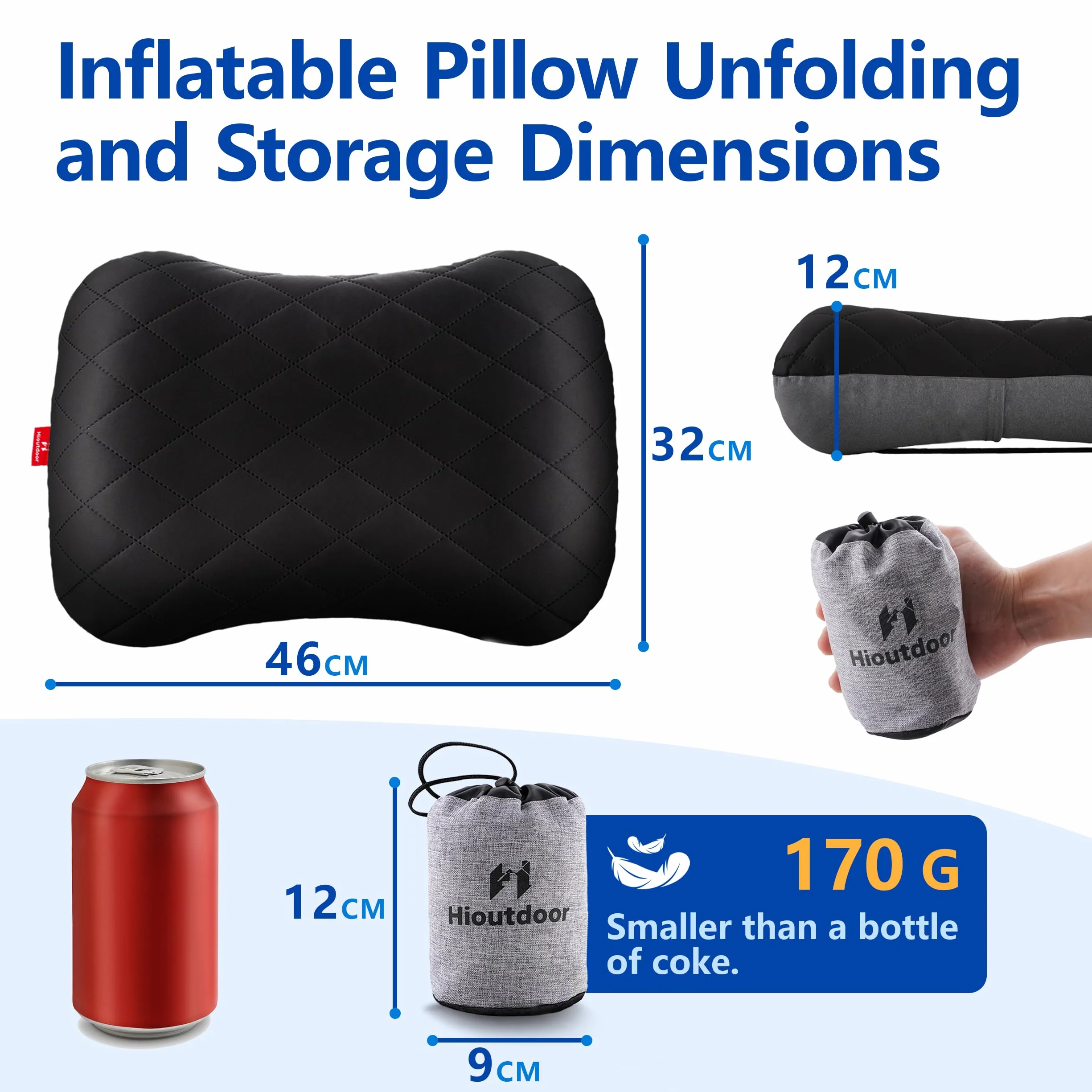 Hioutdoor Aufblasbares Kissen Kopfkissen für Camping mit Abziehbarem Kissenbezug Luftkissen Strand/Outdoor Ergonomisches Reisekissen Inflatable Travel Neck Pillow Bequemes Schlafkissen (Schwarz)