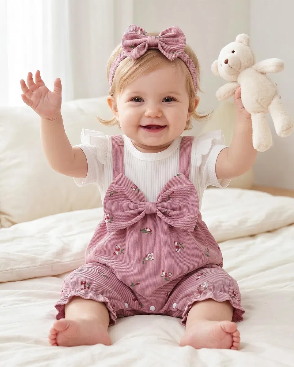 WYTbaby Baby Mädchen Kleidung Strampler Langarm Jumpsuit mit Blumen und Schleife Outfits Frühling Herbst Bekleidungssets für 1-18 Monate
