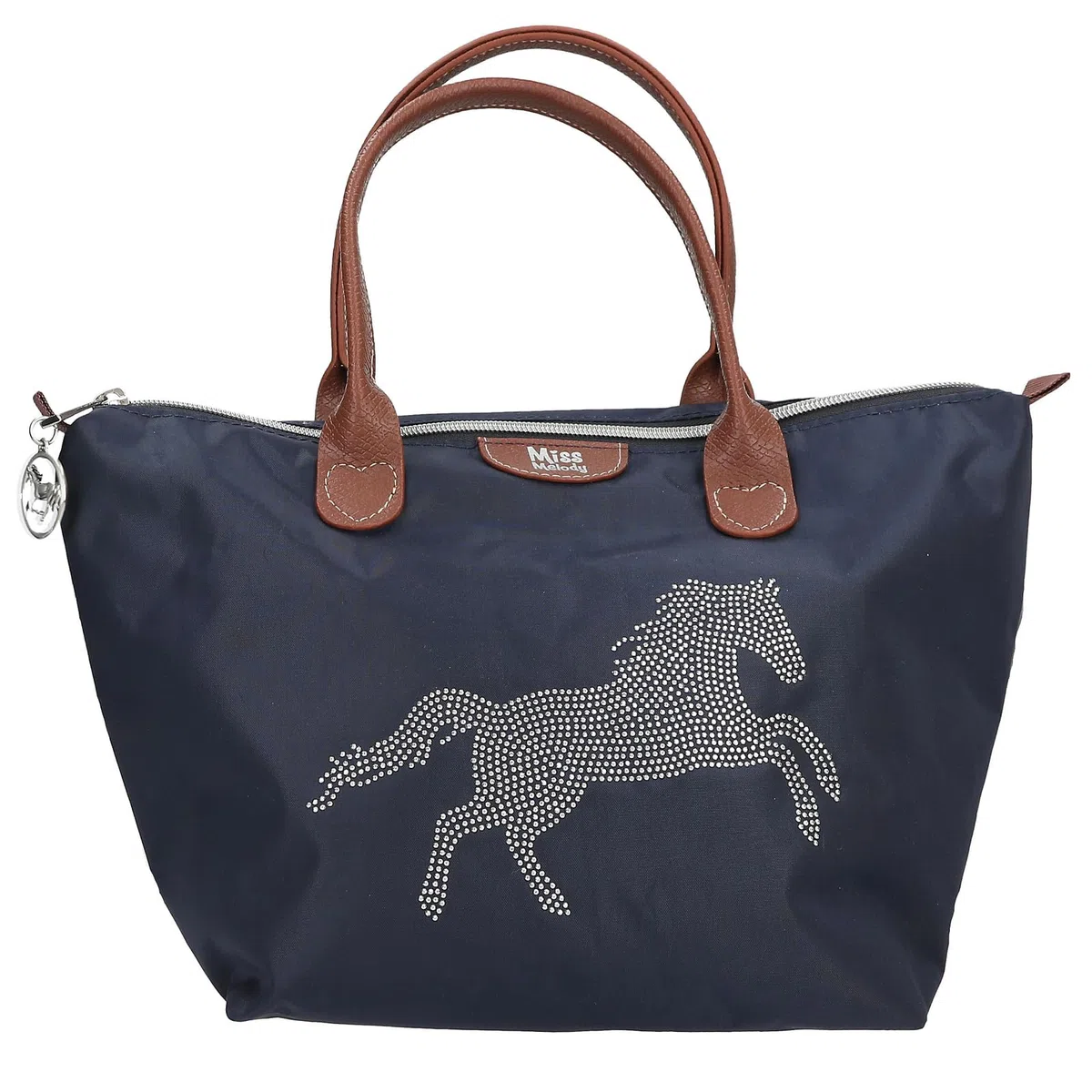 Depesche 13690 Miss Melody Luxury Horse - Umhängetasche in Dunkelblau und Braun, mit Pferde Motiv und kleinen Nieten, Handtasche mit längenverstellbarem Tragegurt