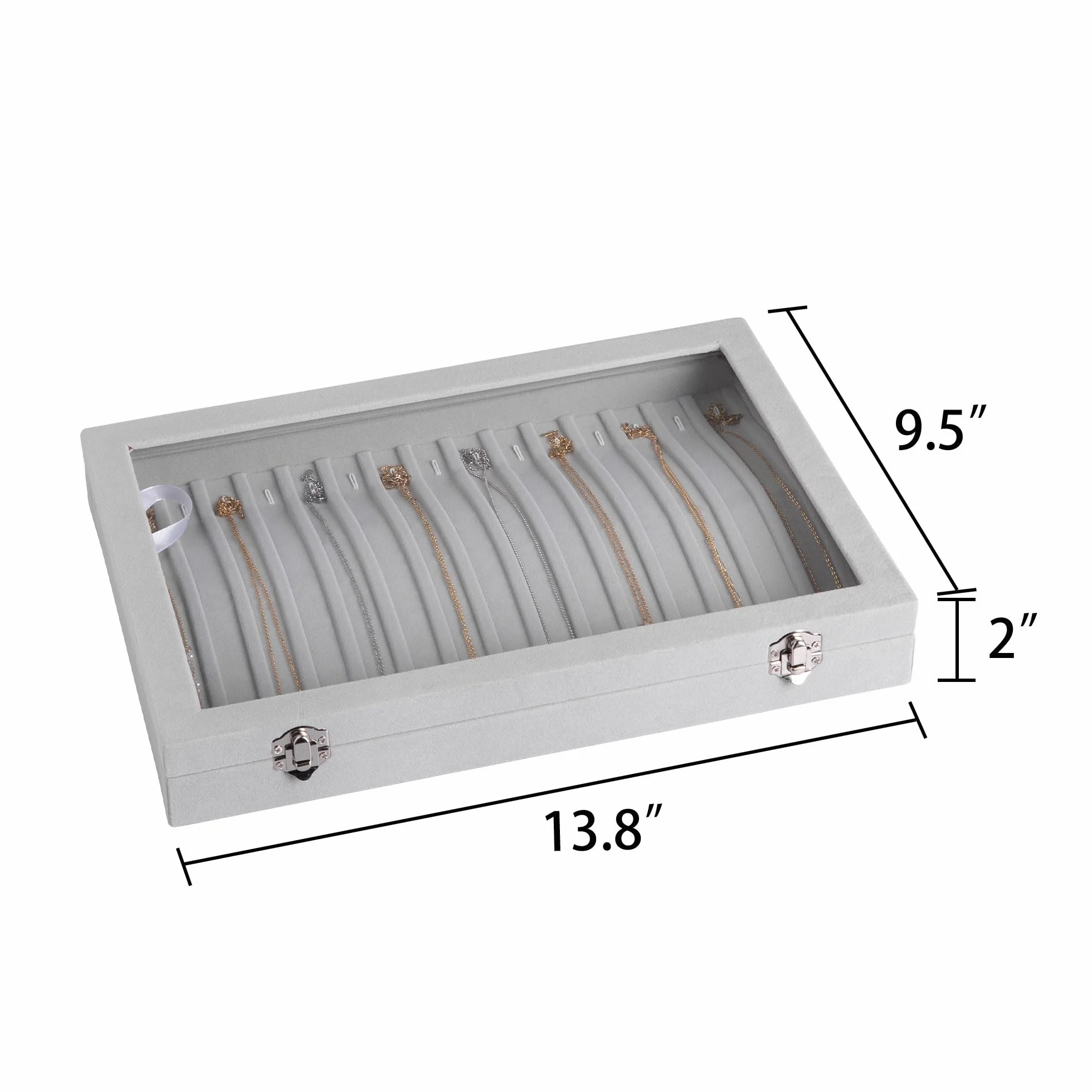 Frebeauty 15 Haken Halskette Tablett Samt Hals Organizer mit klarem Deckel abschließbare Halter Box Schmuck Organizer für Anhänger Ketten Jeweley Tablett für Frauen Mädch（Grau