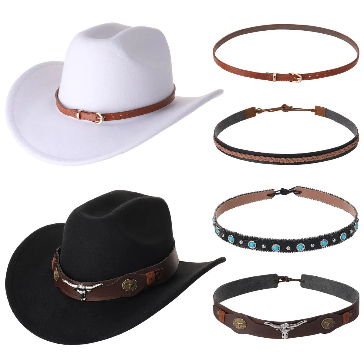 2 Stück Cowboyhut Damen Herren Westernhut mit 4 Stück Lederhutband,Fedora Hut Breiter Krempe Cowboyhüte Stilvoll,Schwarz und Weiß