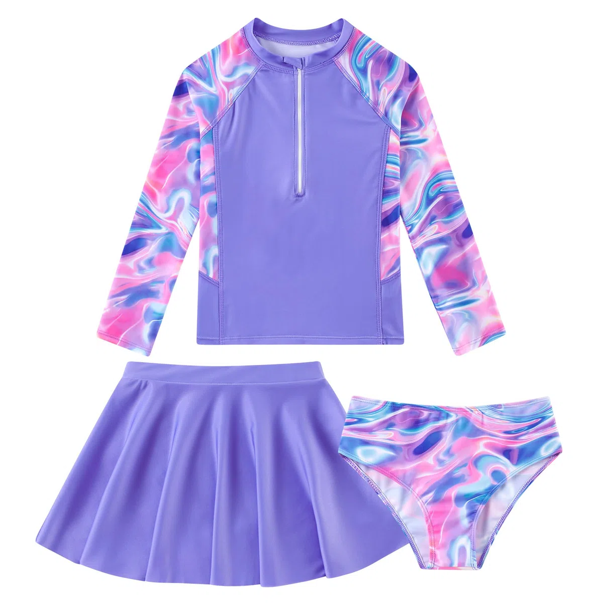 ALISISTER Badeanzug Mädchen Langärmlig Reißverschluss Bademode Tankini UPF 50+ 3-Teiliger Badeanzug mit Rock für Strand 6-12 Jahre