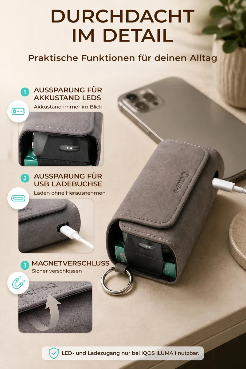 [15+ FARBEN] e-smoQ Etui für IQOS ILUMA i & ILUMA – Hülle für IQOS Zubehör, Tasche auch für ILUMA Prime (grau)