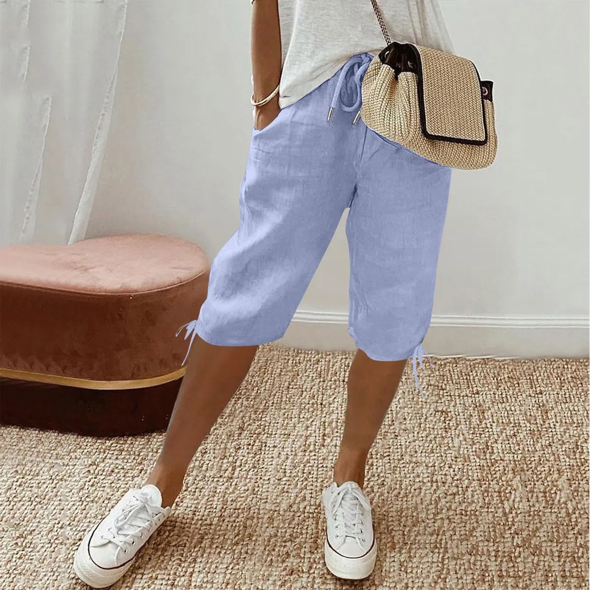Bermuda Shorts Damen Freizeit Sport Sommerhose mit Taschen Leinenhose Stoffhose Lässig Elastische Taille Strandshorts