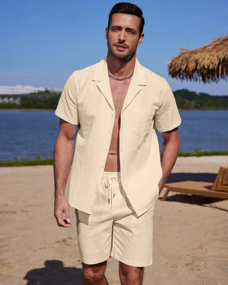 YAOHUOLE Leinen Hemd und Hose Set Herren Kurzarm Leinen Hose & Hemd Herren Kurzarm Sommer Universal Fit
