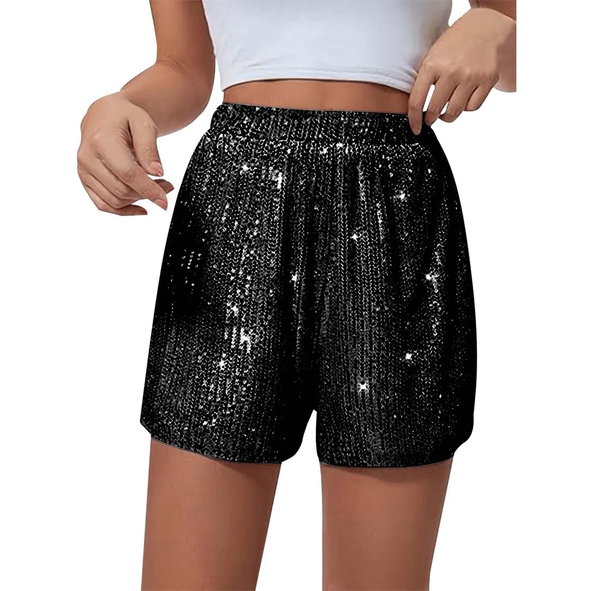 Generisch Damen Pailletten Shorts Glitzer Hohe Taille Hot Pants Elastisch Hotpants Casual Lose Kurz Hose für Bar Shows Party Nacht Club Tanz Karneval Kostüm Schwarz
