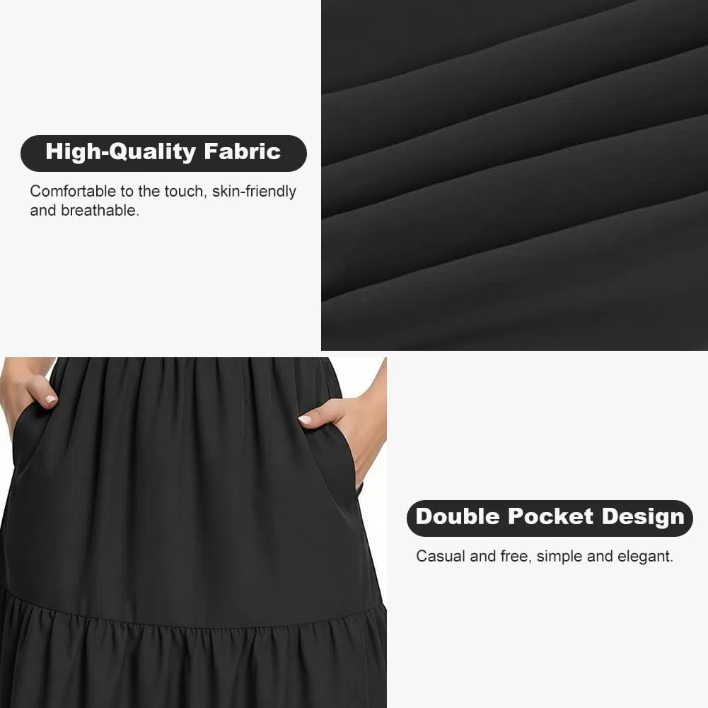 Röcke für Damen mit Taschen - Basic Solid A-Line Elegante Plisseerock Knielang Skater Röcke, Boho Maxirock Casual Elastischer Bund Lang Hohe Sommerrock Langrock, Schwarz