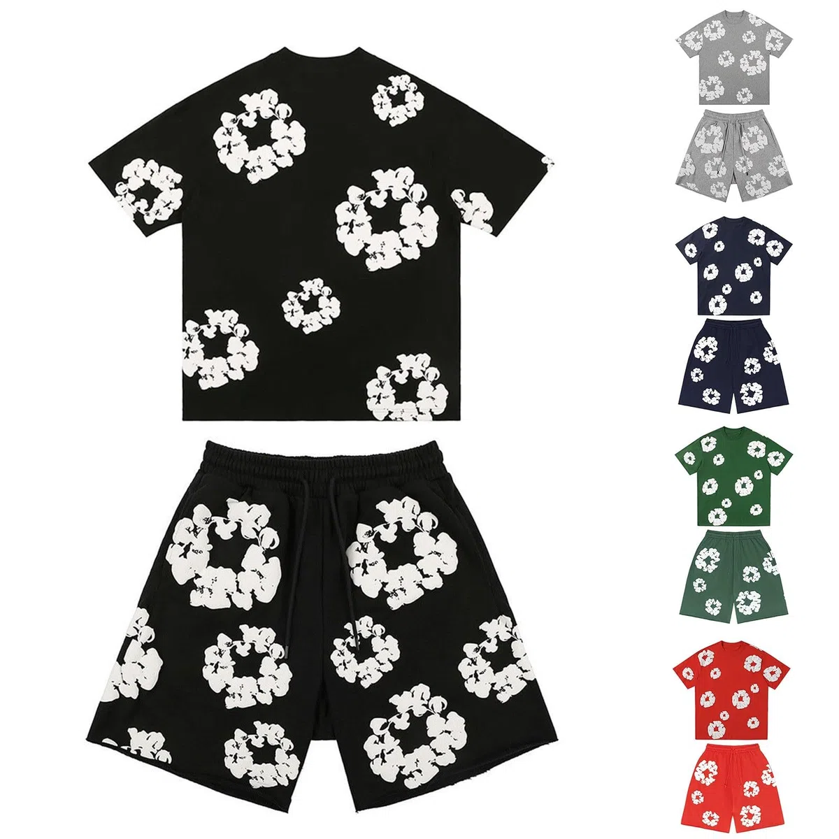 Generisch Herren T-Shirt und Shorts Set 2 Teiler Sommer Trainingsanzug Jogginganzug Y2K Hip Hop Streetwear Kurzarm T-Shirts und Kurze Hose, Zweiteiler Herren Damen Blumen Motiv Outfits Sportanzug