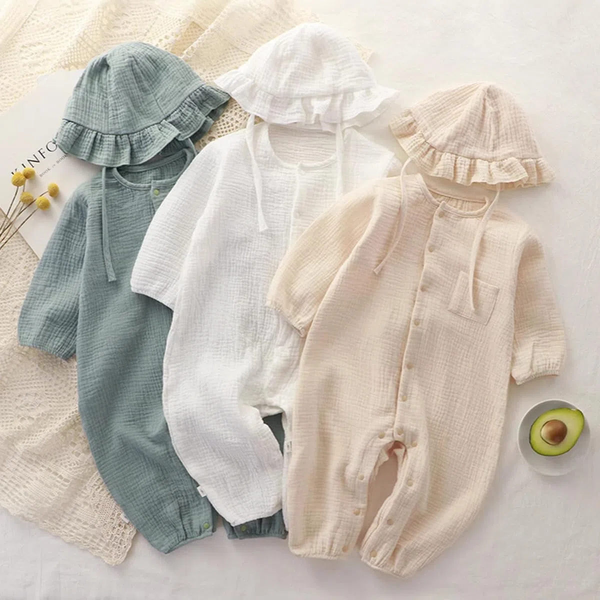 Neugeborenen Baby Jungen Mädchen Baumwolle Leinen Strampler Sommer Musselin Langarm Bodys Kleinkind Einteiliger Jumpsuit Overall mit Beanie Hut Baby Onesie Outfit 0-24 Monate