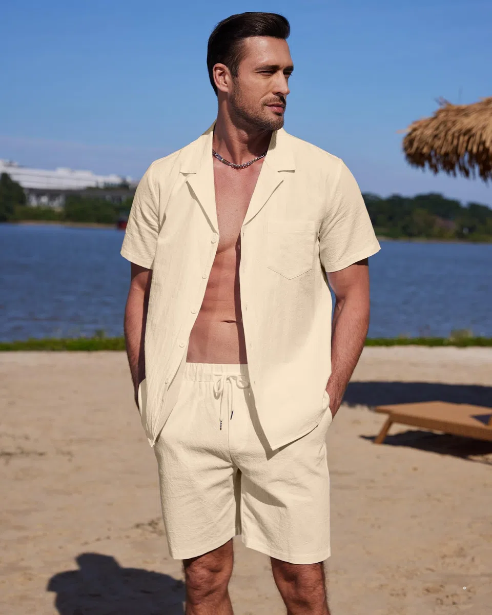 YAOHUOLE Leinen Hemd und Hose Set Herren Kurzarm Leinen Hose & Hemd Herren Kurzarm Sommer Universal Fit