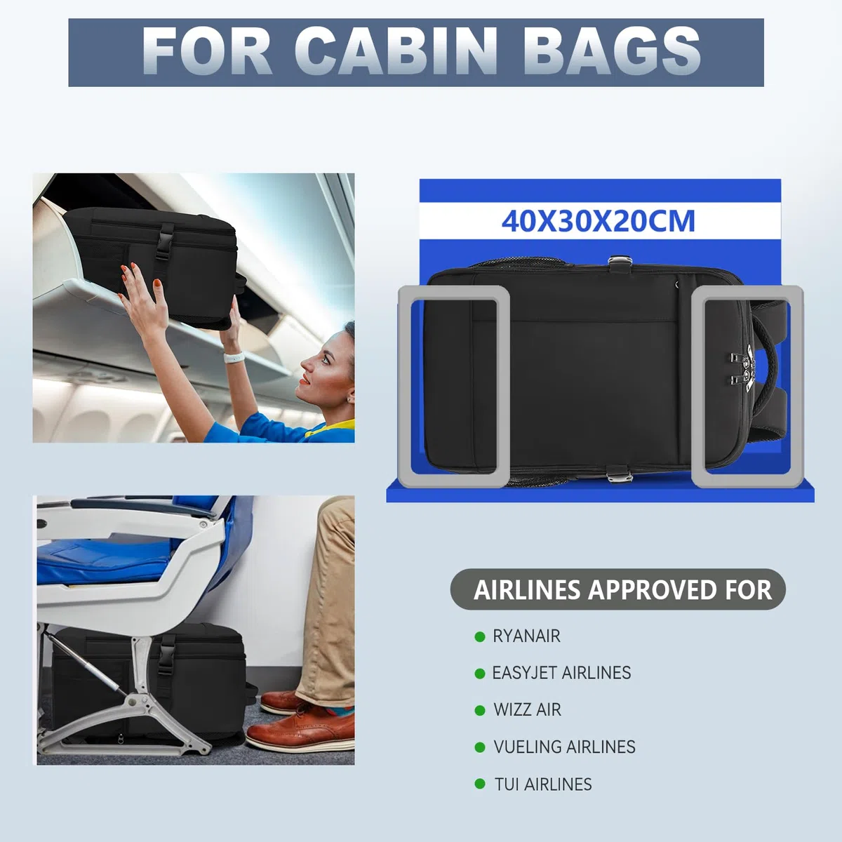 Lossga Handgepäck Rucksack 40x30x20 für Ryanair Rucksack Handgepäck Flugzeug mit Durchleitung Tasche Reiserucksack Klein mit Eine Diebstahlsichere Tasche für Herren Damen, 14 Zoll Laptop
