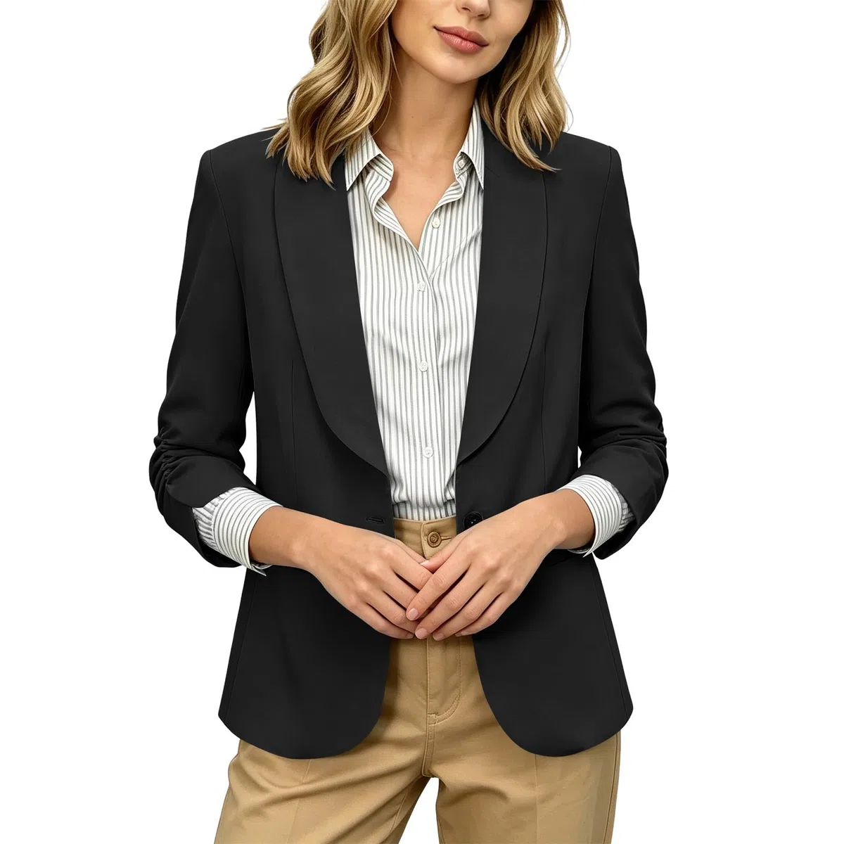 RLEHJN Damen Blazer,Lange Casual Open Front Gefütterte Blazer Arbeit Büro Jacken mit Taschen Sportlich Elegant Blazerjacke Casual Blazer Jacket Übergangsjacke Business Casual Outfits Für Die Arbeit