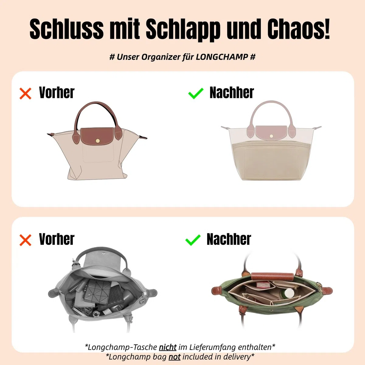 Organizer L für Longchamp Tasche, Taschenorganizer für Le Pliage L mit 9 Fach und Schlüsselkette aus Premium Filz(Beige L)