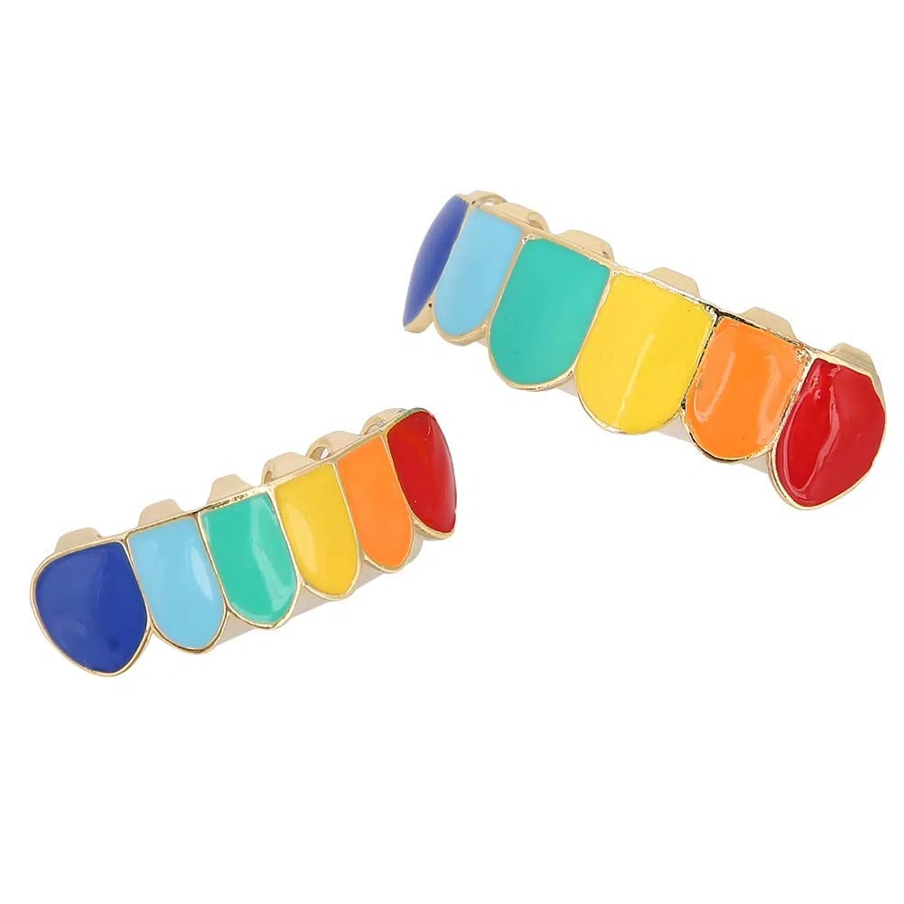 Hip Hop GrillzTeeth, coole, praktische, mehrfarbige Grillz-Zähne aus Messing, umweltfreundlich für Damen Herren(Farbenfroher goldener Anzug)