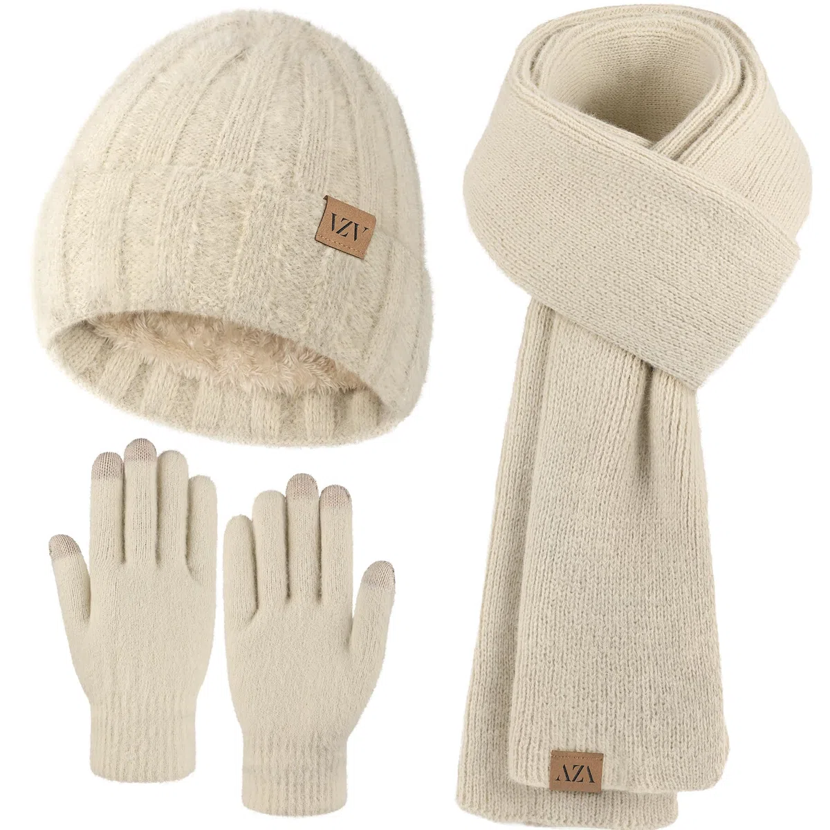 VZV Wintermütze, Schal, Handschuhe-Set: Warme Kashmir-Strickmütze, Damen Langer Schal, Touchscreen-Winterhandschuhe, Geschenke für Frauen