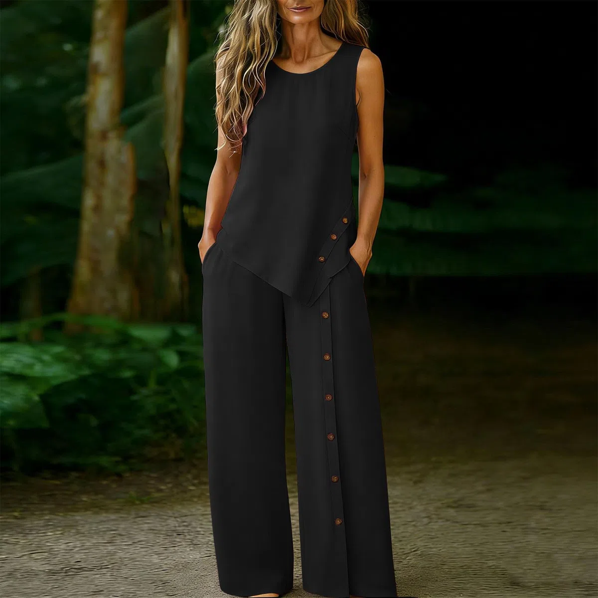 Damen Baumwolle Leinen Lounge Set Aermellos Rundhals Tank Top Weite Hose Sommer Zweiteiler Laessig Strand Outfit Naturfreundlich Bequem Sommer Casual Style