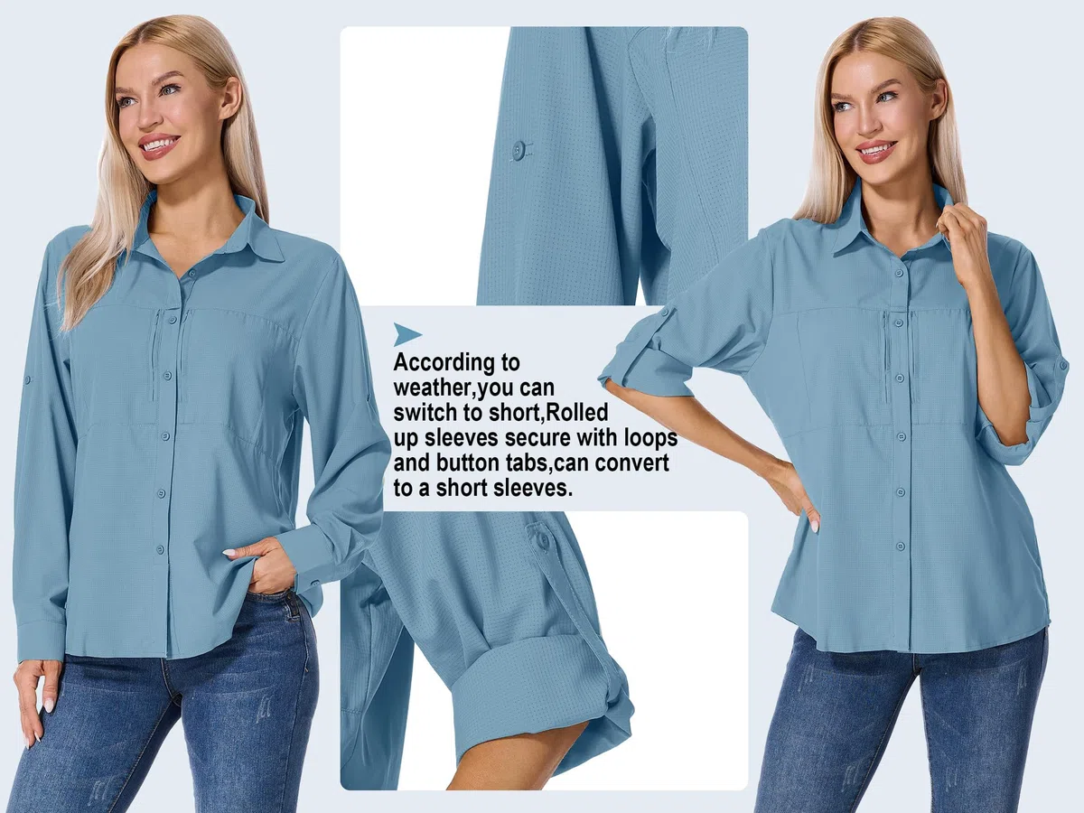 Shirts Damen UV Shirt UPF 50+ Safari Kleidung Wanderbluse Damen Hemdbluse Outdoor Atmungsaktiv Quick Dry Sonnenschutz Langarmshirt Bluse