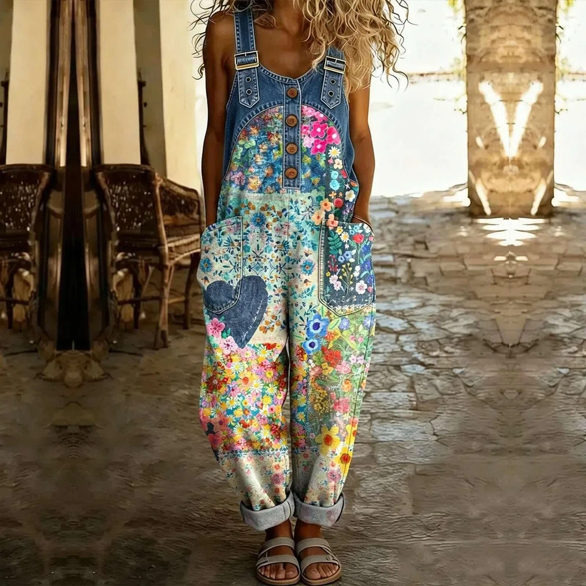 Jeans Latzhosen für Damen Bunte Jumpsuits Patchwork Muster Floral Oversize Hosen Romper Lässiger Bauch Kaschieren Streetwear Y2K Mode Denim Style Leichte Atmungsaktive Freizeithose