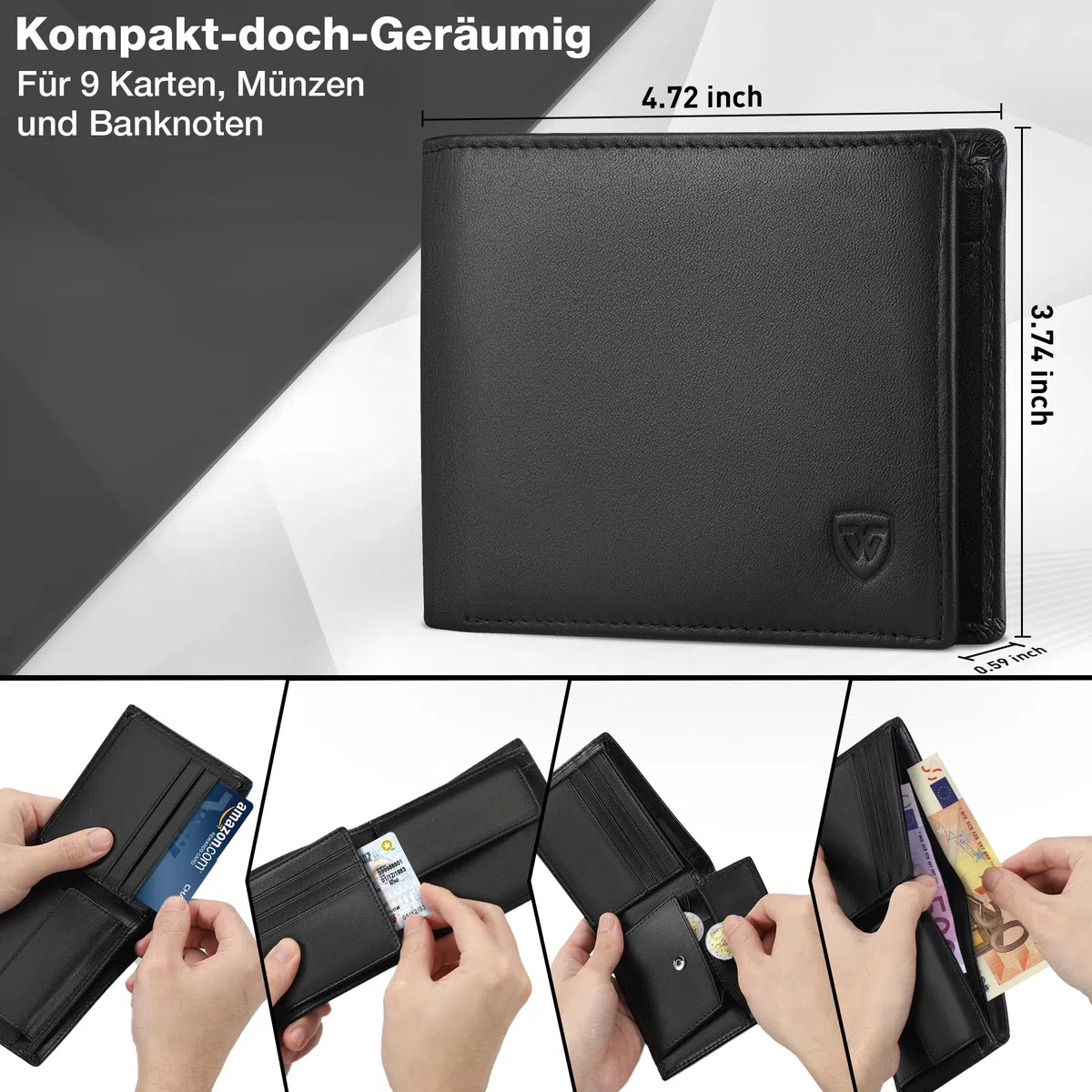 WONSEFOO Geldbörse Herren Leder mit RFID Schutz | Portmonee Slim mit 9 Kartenfächer Wallet Portemonnaie Herren Klein mit Münzfach | Geldbeutel Schwarz