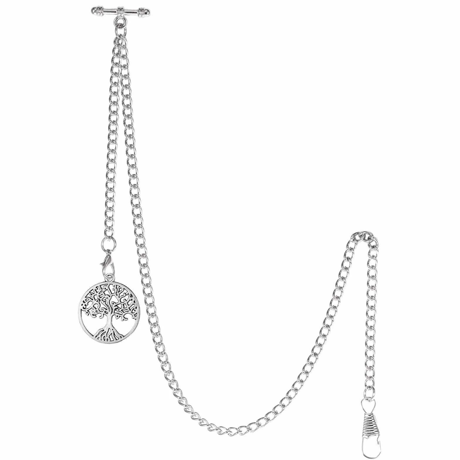 TREEWETO Taschenuhrkette mit T Bar Endstück Albert T-Bar Taschenuhr Kette mit Antiker Lebensbaum Anhänger und 2 Haken für Weste Knopfloch
