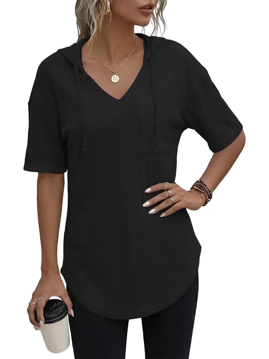 Cuptacc Pullover Damen Hoodie Langarm V Ausschnitt Pullover Sweatshirt Kapuzenpullover Einfarbig Drawstring Top