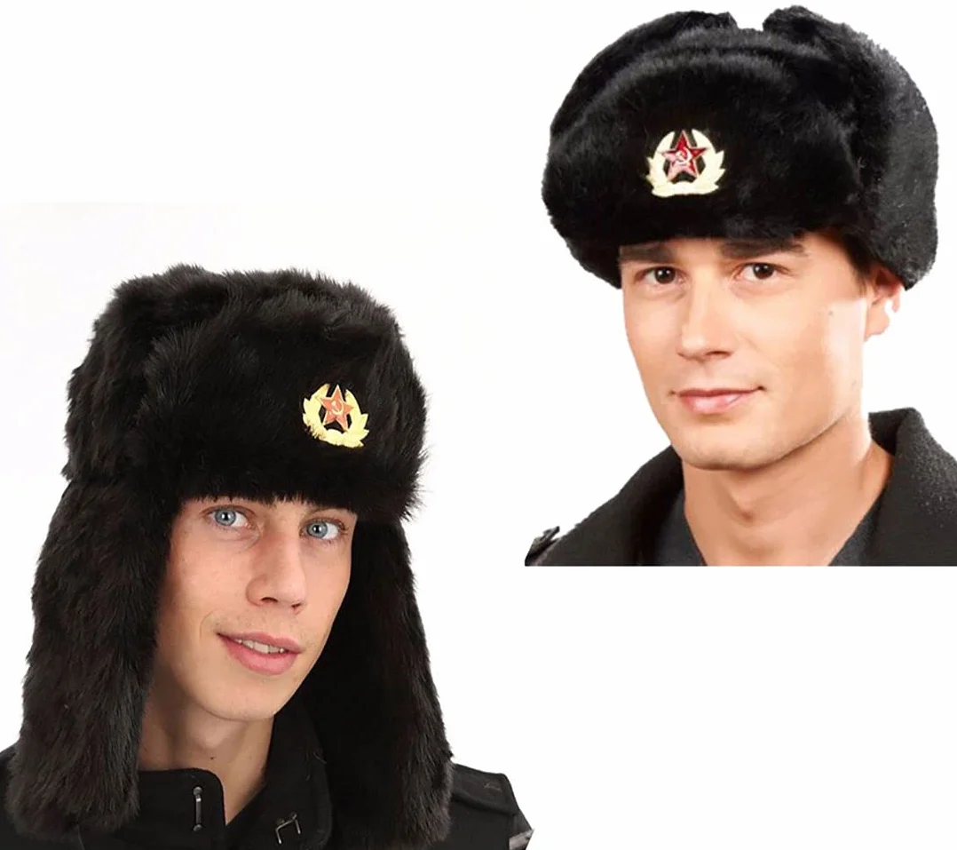 FAIRY TRENDZ LTD Russische Trappermütze mit Abzeichen, Einheitsgröße, Kunstfell, Uschanka-Kosaken-Ohrenklappen, warme Wintermütze
