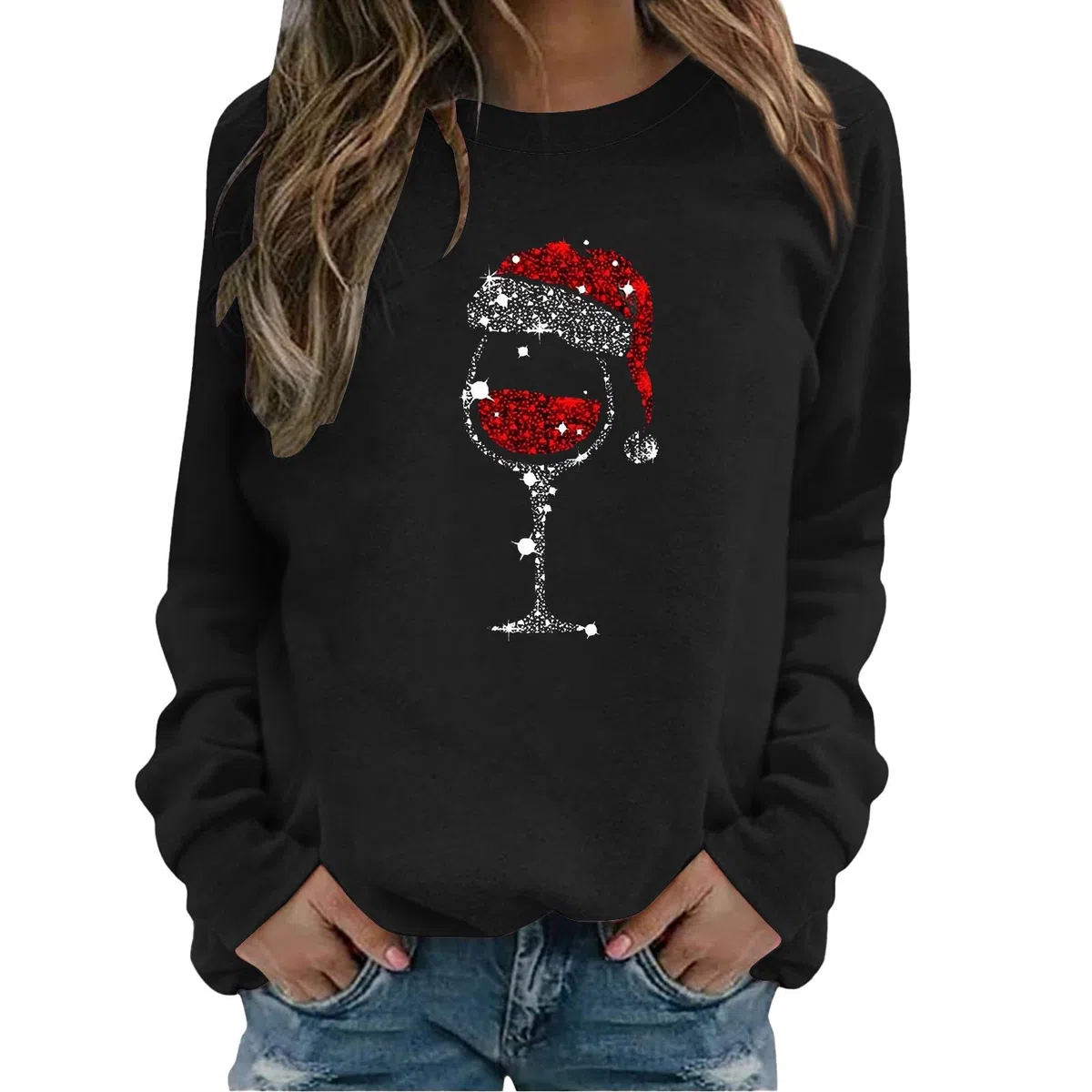 Weihnachtspullover Damen Lustig Rotwein Glas Druck Sweatshirt Oversized Rundhals Langarm Ugly Weihnachten Pullover Christmas Oberteile Frauen Xmas Pulli Tops