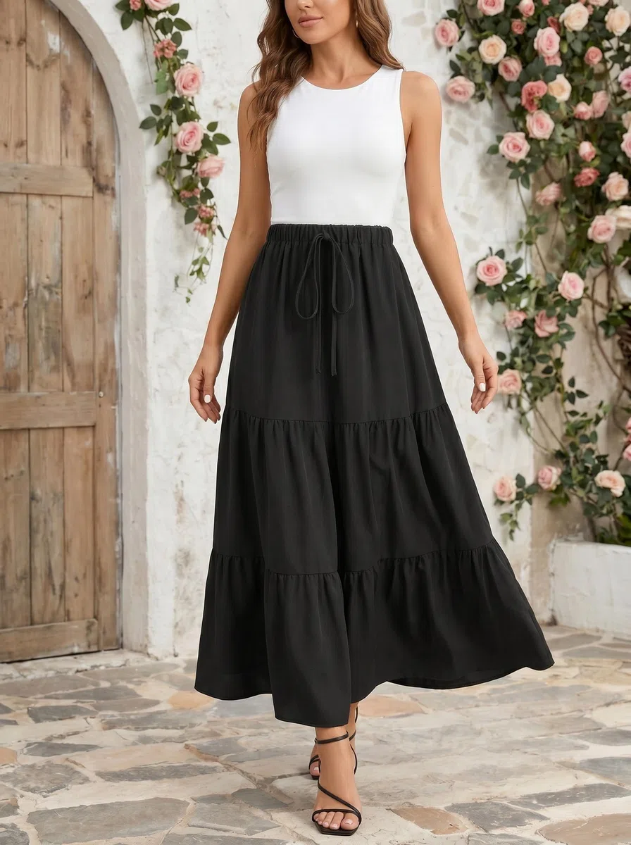 WERFORU Langer Rock Damen mit Taschen Hohe Taille mit Elastischem Bund Röcke Elegant Maxirock Lang Sommerrock