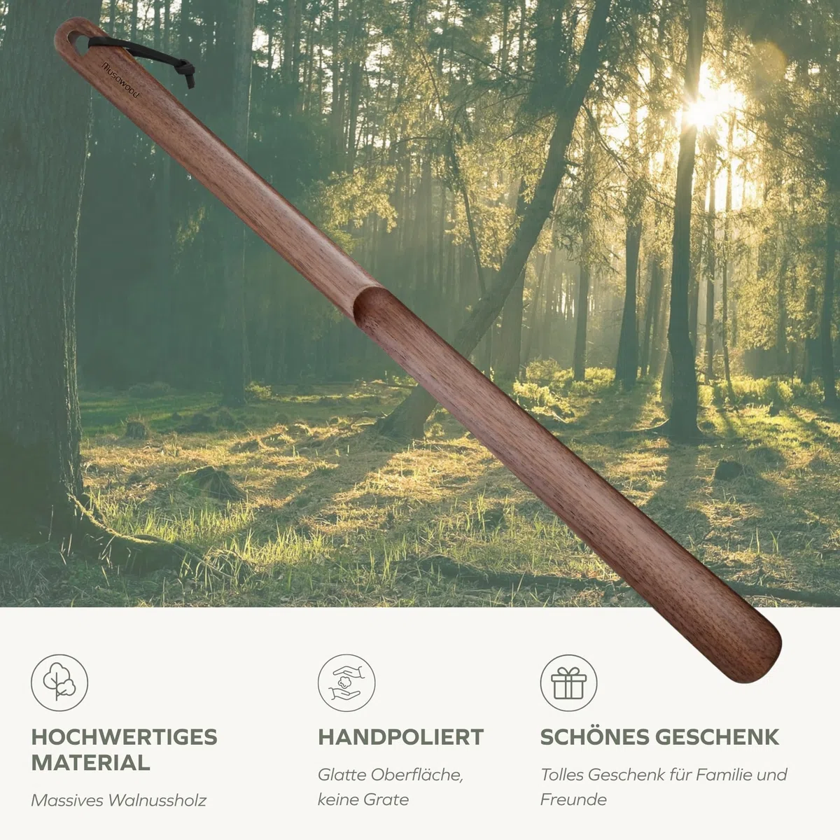 muso wood Schuhlöffel lang 60cm aus Holz, Echtem Walnussholz Stabiler Schuhanzieher lang für Senioren, Schwangere