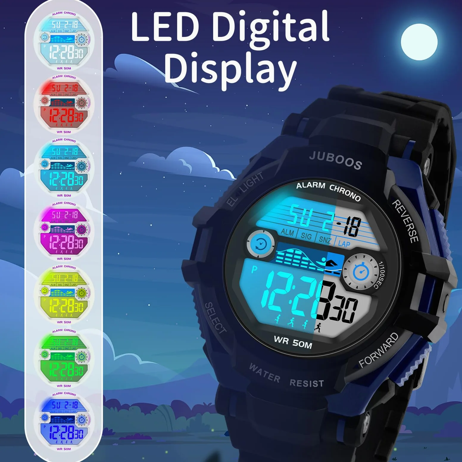 Juboos Kinder Digitaluhren Jungen Mädchen,7 Farben LED-Licht,30M Wasserdicht, mit Alarm,Stoppuhr Outdoor Armbanduhr für Kinder 5-16 Jahre