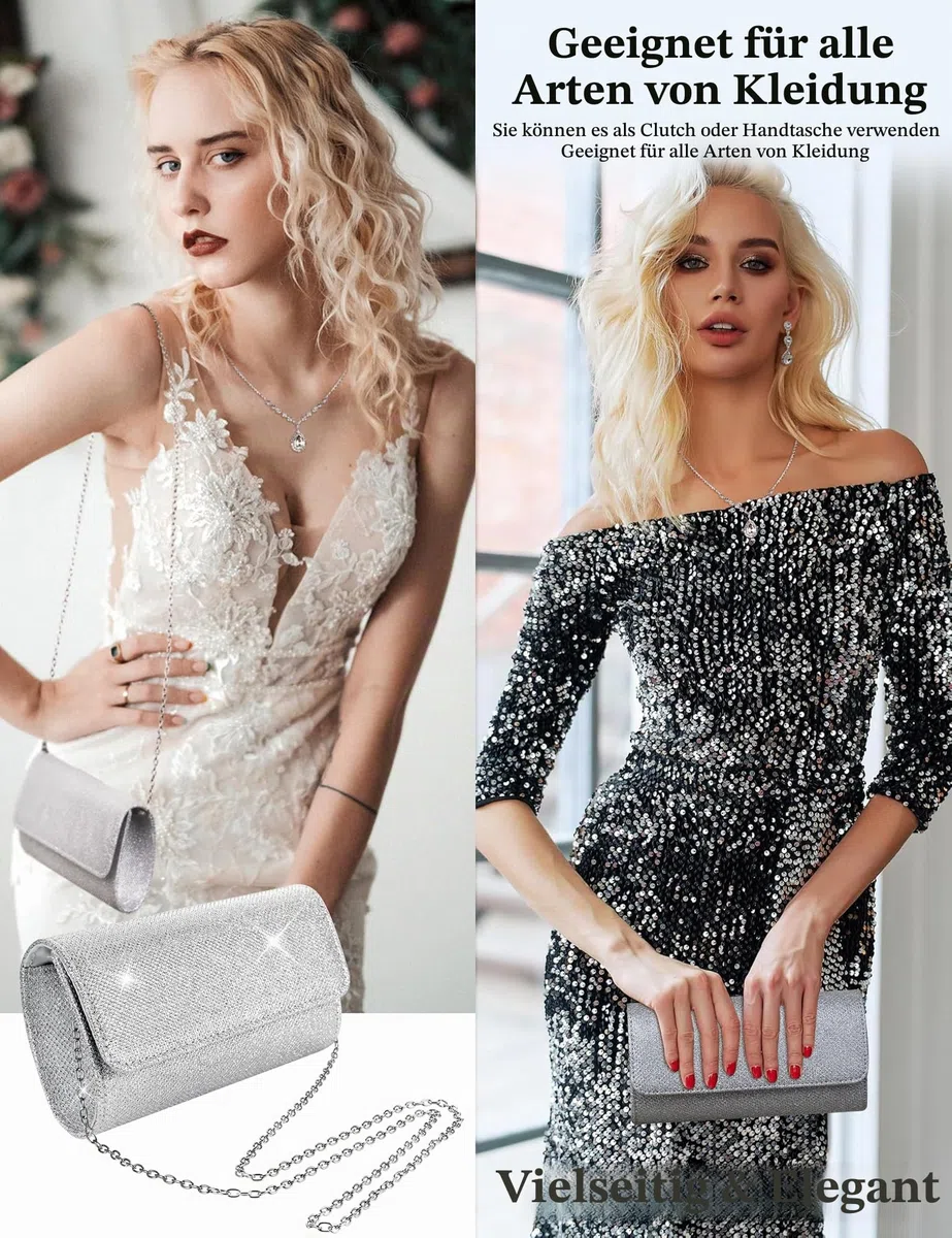 JeryWe 4Pcs Silberne Clutch Schmuck-Set für Frauen Abend Rhinestone Geldbörse Zubehör für Frauen Braut Hochzeitsschmuck