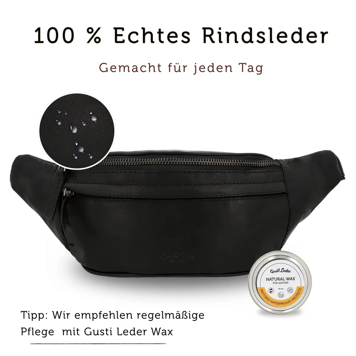 Gusti Bauchtasche Leder Schwarz – Hochwertige Gürteltasche Damen Herren, Verstellbarer Gurt, Viel Stauraum, Unisex Crossbody Bag, Bauchtasche Leder Schwarz Echtleder