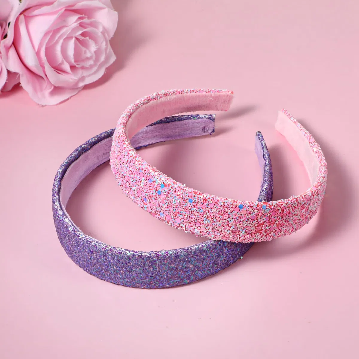 COMNICO 2 Stück Glitzer Stirnbänder für Mädchen Niedliche Glitzernde Breite Dicke Stirnbänder Bling Rutschfestes Haarband Regenbogen-Pailletten Haarschmuck (Rosa + Lila, Einheitsgröße)