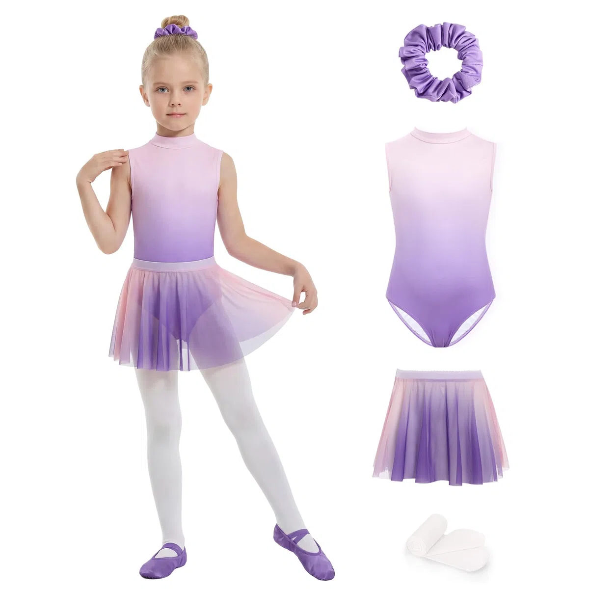 JiAmy Ballettkleider für Kinder Ärmellose Ballettkleidung Mädchen Tanzbekleidung Balletttrikot mit Rock Tütü Ballett Strumpfhose 4-12 Jahre