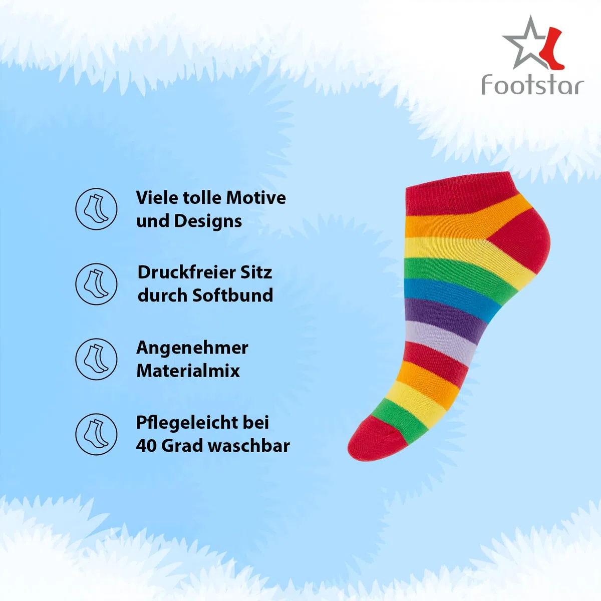 Footstar 8 PAAR Motiv Sneaker Socken Kurze süße bunte Söckchen mit Mustern Sterne Ringel Pünktchen